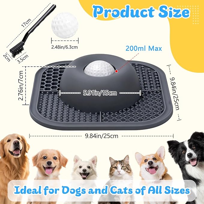 PetsHome Slow Feeder Dog Bowls & Lick Mat for Liquid and Thick Treat, Anti-Slip Dog Lick Bowl with Interactive Rolling Ball, 5/6 Cup Pup Licking Toy for Large Medium Small Dogs and Cats Gray
