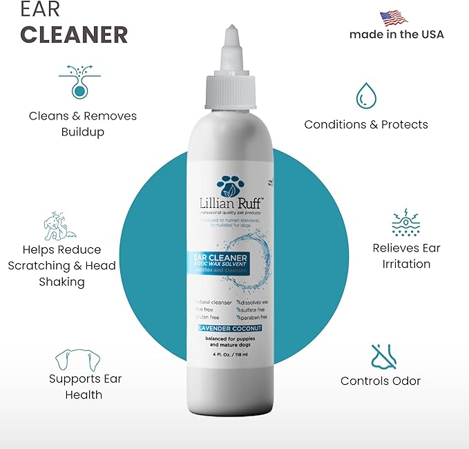Lillian Ruff Ear Cleaner & Otic Wax Solvent for Dogs with Tea Tree Oil, Bee Propolis & Aloe - Coconut and Lavender Scent - Dissolve Wax and Combat Ear Odors - Safe for Sensitive Ears (4oz)