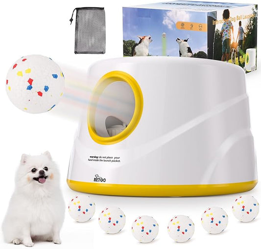HETOO Automatic Ball Launcher for Dogs: Ball Launcher for Dogs - Tennis Thrower for Dogs with 6 Balls- Interactive Mental Stimulation Dog Toys - Small/Medium Sized Launcher- Yellow