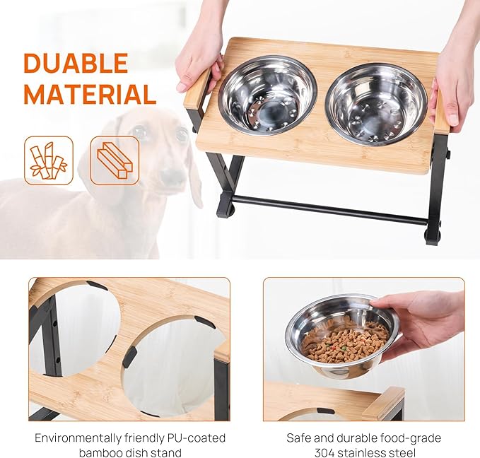 Adjustable Height Pet Feeder Stand with 2 Dishwasher-Safe Stainless Steel Bowls – Natural Wood Top & Black Metal Frame Elevated Food/Water Station for Dogs/Cats Under 66LBS
