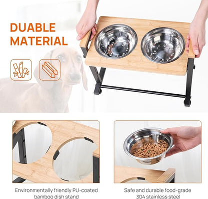 Adjustable Height Pet Feeder Stand with 2 Dishwasher-Safe Stainless Steel Bowls – Natural Wood Top & Black Metal Frame Elevated Food/Water Station for Dogs/Cats Under 66LBS
