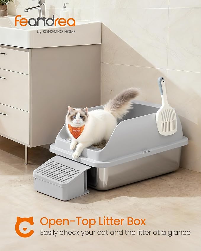 Feandrea 2 Pack Stainless Steel Cat Litter Boxes with Open Top, High Sided Litter Trays with Step, Scoop, Brush, for Cats up to 33 lb, Light Gray UPPT012GD01