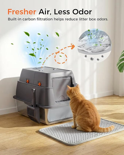 GTPLAYER XXL Stainless Steel Cat Litter Box with Lid, High Sided Enclosed Cat Litter Box, Activated Carbon Odor Control, Extra Large Metal Litter Box, Anti-Leak, with Mat & Scoop, Grey 2 Pack