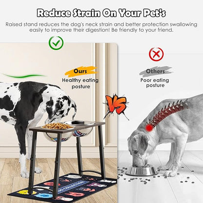 Elevated Dog Bowls with Spill-Proof Mat, 4 Adjustable Heights (for Large & Extra Large Breeds), Includes Two 3000ML Stainless Steel Bowls for Food & Water