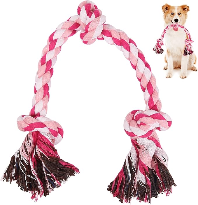SZEE Dog Rope Toys, 24 in 3 Knots Chew Rope for Small, Medium and Large Dogs, Natural Cotton Pet Pull Toy for Tug of War and Teeth Cleaning, Fits Valentine’s Day Vibe (Pink)