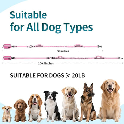 Hands Free Dog Leash with Removable Zipper Pouch, Dual Padded Handles and Durable Bungee for Walking, Jogging and Running Your Dog (Large, 35-140 lbs-Pink