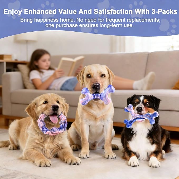 Rensh 3-Pack Tough Dog Chew Toys for Aggressive Chewers, Almost Indestructible Dog Toys for Medium Large Breed, Super Chew Toy to Keep Them Busy & Reduce Boredom, Teeth Cleaning Training, Milk Flavor