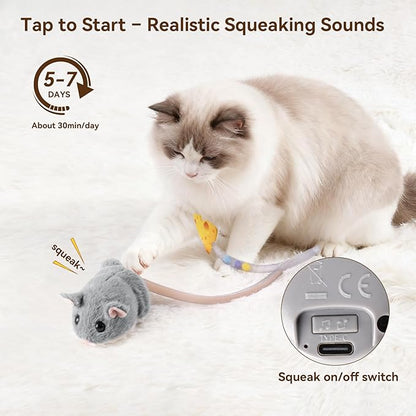 Migipaws Interactive MigiMouse Cat Toy 360° Rolling & Spin with Mesh Plastic Tail for Indoor Cats Smart Motion Sensor, Realistic Squeak, Rechargeable Plush Kitten Toy(Grey)