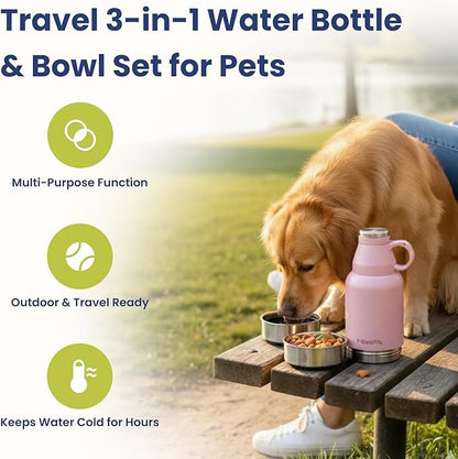 PawsPik 32oz 3-in-1 Travel Dog Water Bottle & Bowl Set – Stainless Steel Vacuum-Insulated Bottle with Detachable Food & Water Bowls, Leak-Proof, Keeps Water Cold 12hrs/Hot 6hrs (Cherry Blossom Pink)