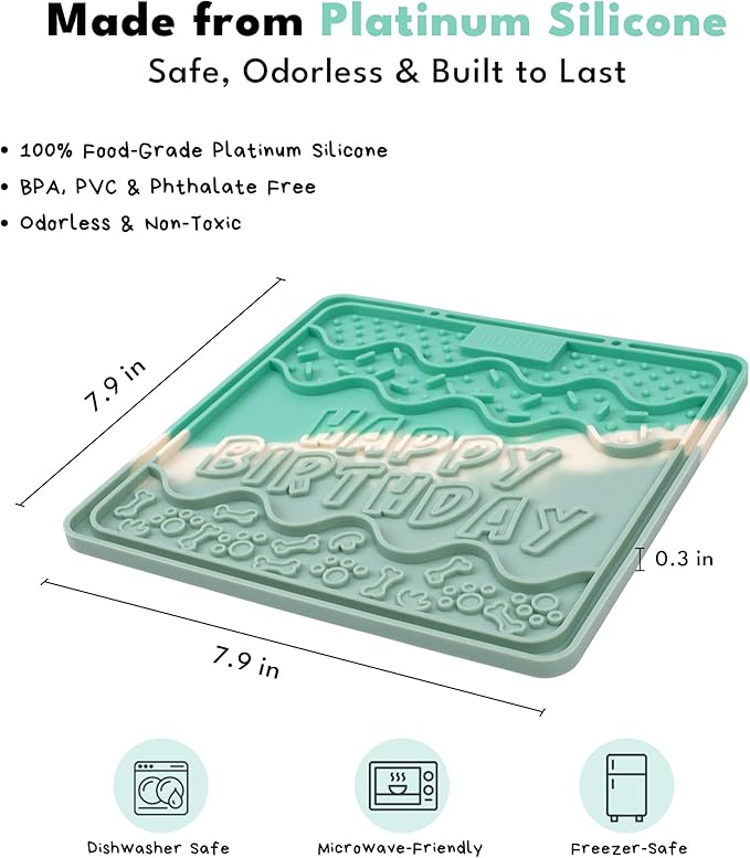 CHEWFFON Birthday Lick Mat for Dogs and Cats, Silicone Licking Pad with Suction Cups for Anxiety Relief, Interactive Slow Feeder for Dog Treats - Bathing & Grooming Distraction Toy, Seafoam Mist