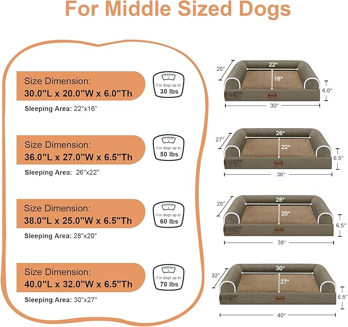 Large Dog Bed Orthopedic Washable: Beds Bolster XL Bed Big XLarge Dogs Memory Foam Couch Sofa Waterproof with Removable Cover - Brown