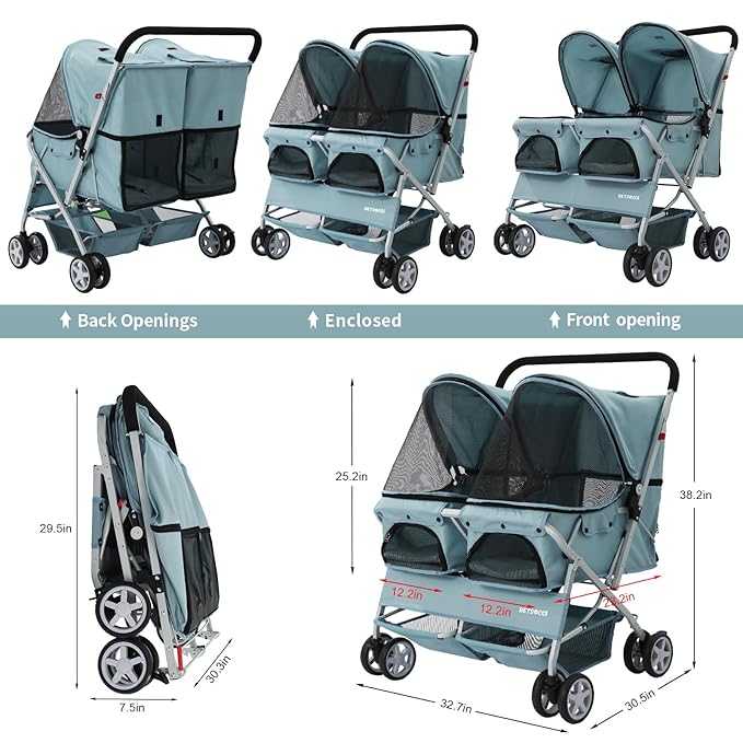 Double Pet Stroller for 2 Small Dogs & Cats, Side-by-Side Twin Travel Carriage with Safety Leashes, Mesh Windows & Double Storage Baskets, Lightweight & Foldable, 44lbs Capacity, Light Blue