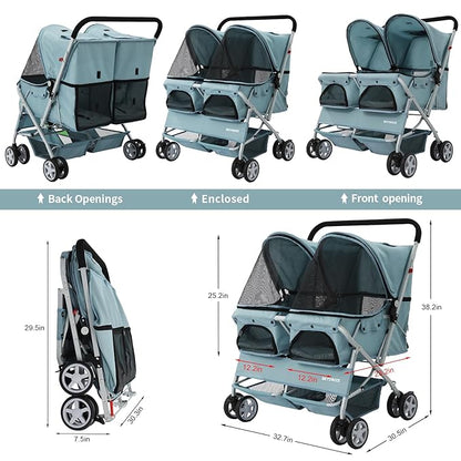 Double Pet Stroller for 2 Small Dogs & Cats, Side-by-Side Twin Travel Carriage with Safety Leashes, Mesh Windows & Double Storage Baskets, Lightweight & Foldable, 44lbs Capacity, Light Blue