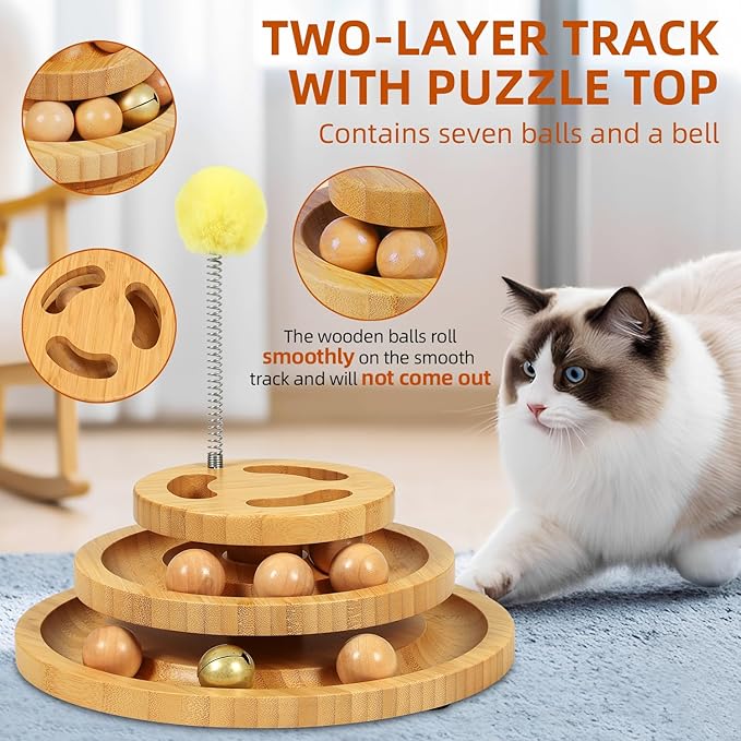 Cat Ball Track Toy with Puzzle Top, 3-Level Tower with 9 Removable Balls, Interactive Toy for Kitten Mental & Physical Exercise