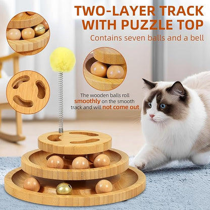 Cat Ball Track Toy with Puzzle Top, 3-Level Tower with 9 Removable Balls, Interactive Toy for Kitten Mental & Physical Exercise