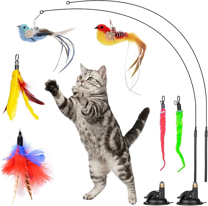 Interactive Cat Feather Toy with Suction Cup – 10-Piece Set Including 2 Detachable Wands & 6 Replacement Teasers, No-Marking Vacuum Base for Indoor Play