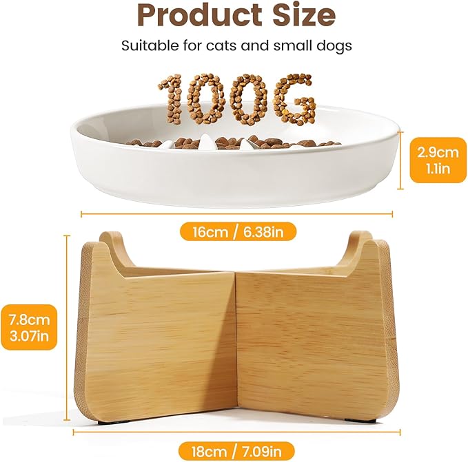 PETTOM Slow Feeder Cat Bowl Elevated Ceramic with Bamboo Stand, Raised Pet Puzzle Dishes for Indoor Cats Small Dog, Anti Vomit Cat Bowl for Wet & Dry Food