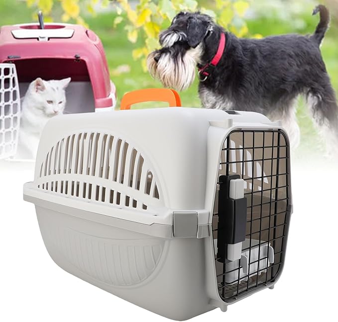 Plastic Pet Carrier Easy to Assemble Ample Space Excellent Ventilation Portable Dog Carrier for Outdoor Travel Durable Lightweight Plastic Pet Transport Box for Small Medium Dogs (Grey)