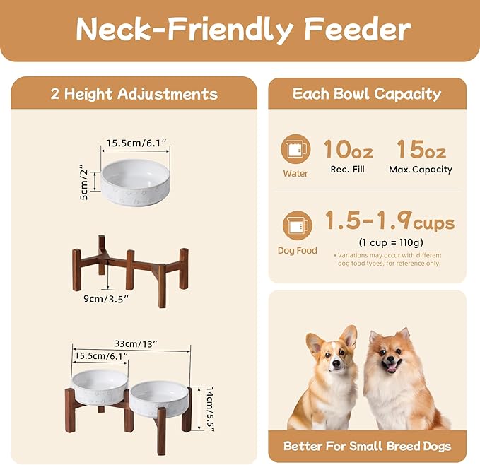 6.1inch Ceramic Raised Double Bowls Set with Acacia Wood Stand, 2 Heights Elevated, Food & Water Bowls for Toy Breed Dogs, Kitty, Cats, Pet Bowl(13.5OZ, Arctic White)