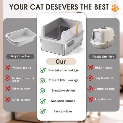 Stainless Steel Litter Box with Lid: Metal Cat Litter Box for Small Cats with Scoop, High Sided Kitty Litter Pan Tray, 17.4'' x 13.5'' x 8.5'',Non-Stick, Anti-Leakage, Easy Cleaning (Light Gray)