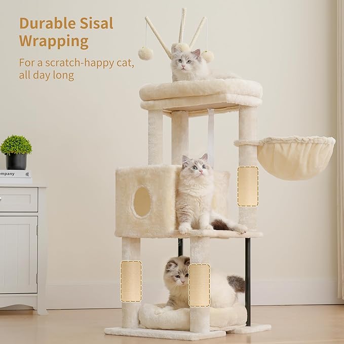 Heybly Cat Tree, 45.3-Inch Cat Tower for Indoor Cats with Large Perch, All-in-One Cat Furniture with Cozy Bed, Hidden Space Cat Condo, Comfy Hammock, Scratching Posts & 3 Pompoms, Beige HCT202SM