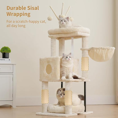 Heybly Cat Tree, 45.3-Inch Cat Tower for Indoor Cats with Large Perch, All-in-One Cat Furniture with Cozy Bed, Hidden Space Cat Condo, Comfy Hammock, Scratching Posts & 3 Pompoms, Beige HCT202SM