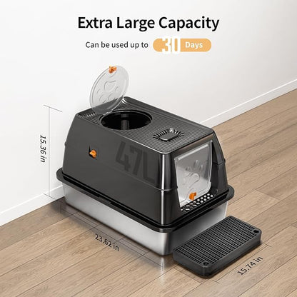 XL Stainless Steel Cat Litter Box with Lid, Extra Large Enclosed Litter Box for Big Cats, High Sided Metal Litter Pan with Removable Lid& Scoop, Odor Free, Easy Cleaning, Anti-Urine Leakage