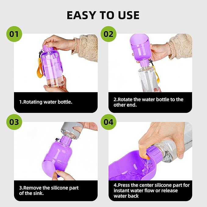 Dog Water Bottle, Leakproof Portable Water Bottle for Dogs, Dog Travel Water Bottles with Convenient Bottles Strap, Dog Travel Accessories for Walking, Hiking, Outdoor, Camping (17oz Purple