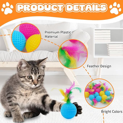 IDOMIK 15 Pack Cat Toys: Colorful Golf Sponge Balls, Feather and Pom Pom Interactive Kitten Balls for Exercise, Bright Colored Chase Pounce Toys, Safe Non-Toxic Entertainment