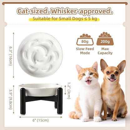 Elevated Slow Feeder Cat Bowl - Melamine Cat Food Plate with Anti-Slip Metal Stand - Raised Maze Dish for Slow Eating - Ivory White