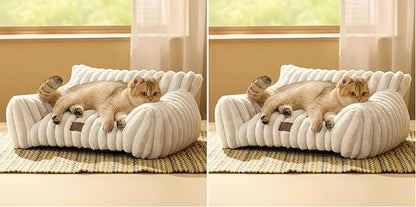 Bedsure Cute Cat Couch for Pets - Fluffy Cat beds with Premium Soft Corduroy Fleece, Fuzzy Cats beds for Indoor Cats with Removable Washable Cover, Supportive Pet Sofa, 24inch, Cream (Pack of 2)
