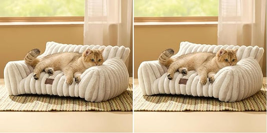 Bedsure Cute Cat Couch for Pets - Fluffy Cat beds with Premium Soft Corduroy Fleece, Fuzzy Cats beds for Indoor Cats with Removable Washable Cover, Supportive Pet Sofa, 24inch, Cream (Pack of 2)