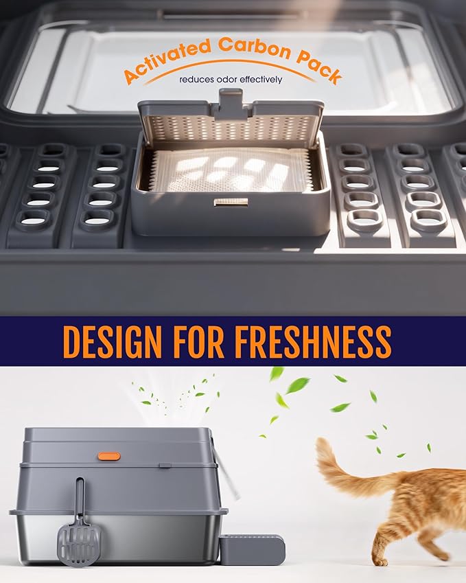 Cat Litter Box - Stainless Steel Litter Box with Lid for Kitty, Metal Base Enclosed Cat Box with Litter Scoop, Elevated Step Box, Activated-Carbon Pack, 17.1" x 13.2" x 15", Grey