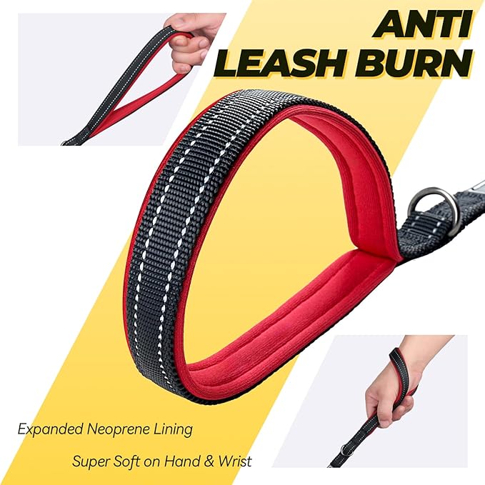 VIVAGLORY Dog Leash Twingrip Double Handle Dog Leash with Traffic Handle Control & 2 Loop for Walking & Training, Reflective Heavy Duty for Puppy Pet Collar, 4ft x 1/2in, Black