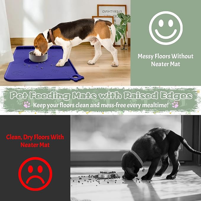 Dog Food Mat, Silicone Dog Mat for Food and Water -Pet Feeding Mats with Residue Collection Pocket, Waterproof Dog Cat Bowl Mats with Raised Edges and Hooks, Placemats for Cats and Dogs Water Bowl