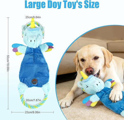 Interactive Squeaky Dog Chew Toy, Tough Plush Dog Toys for Chewers, Small, Medium & Large Dogs, Plush with Double Rope Handles for Tug of War, Mess-Free, Light Blue