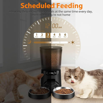 Automatic Cat Feeder and Water Dispenser Set, 5L/20 Cups Timed Cat Dry Food Dispenser, 2L Cats Water Fountain for Drinking with Filter, 10s Meal Call, 20 Portions 6 Meals Per Day
