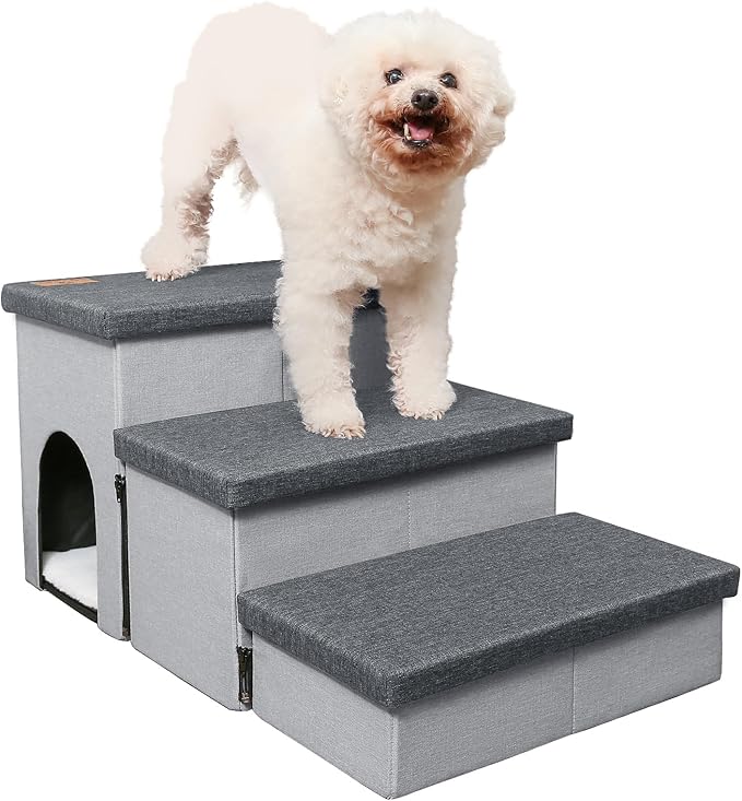 Dog Stairs for High Beds, Folding Pet Steps for Small Dogs and Cats with Storage and Condo, Non-Slip Dog Steps for Couch and Bed up to 22 inches(3 Steps, Grey-Dark Grey)