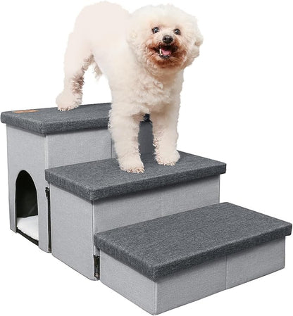 Dog Stairs for High Beds, Folding Pet Steps for Small Dogs and Cats with Storage and Condo, Non-Slip Dog Steps for Couch and Bed up to 22 inches(3 Steps, Grey-Dark Grey)