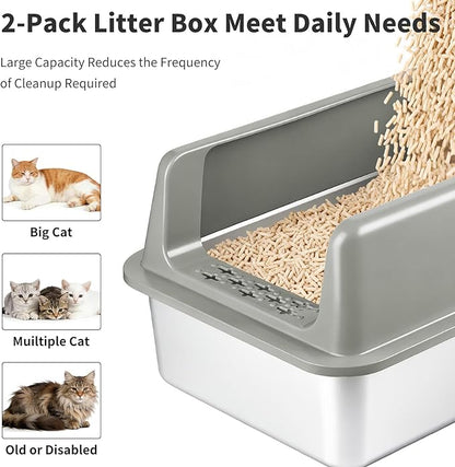 Kirecoo 2 Pack Stainless Steel Litter Box with Lid, Large Enclosed Metal Cat Litter Box Pan High Sided, Easy Clean Anti-Leakage Litterbox Tray for Indoor Big Cats, Kittens or Multicat, Scoop Included
