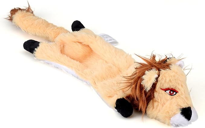5 Pack Plush No Stuffing Double Squeaker Dog Toys, Tiger, Raccoon, Skunk, Fox, and Lion for Small, Medium and Large Dogs