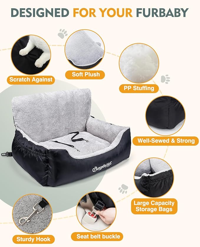 BurgeonNest Dog Car Seat for Medium/Large Dogs Under 55 lbs, Soft Pet Car Travel Home Bed, Fully Detachable and Washable Booster Carseats with Storage Pockets and Clip-On Leash Portable Carrier,Black