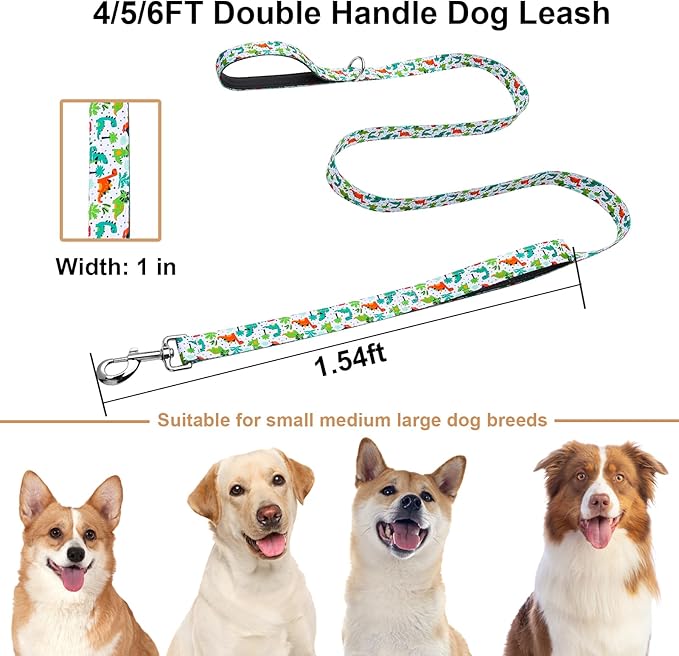 6 Foot Dog Leash for Medium Large Dogs, Double Handle Dog Leash with Padded Traffic Control Handles, Walking Training Lead, Dinosaur