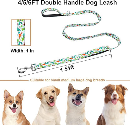 6 Foot Dog Leash for Medium Large Dogs, Double Handle Dog Leash with Padded Traffic Control Handles, Walking Training Lead, Dinosaur