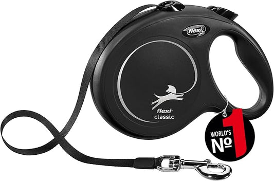 FLEXI New Classic Tape Retractable Dog Leash for Large Dogs Upto 110 lbs. – 26 ft., Black | Tangle Free Pet Walking Leash with One-Handed Brake, Pause, Lock|German Quality Product