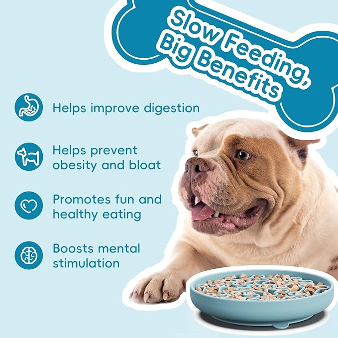 Silicone Slow Feeder Dog Bowl – Sky Blue Bone Pattern | Food-Grade Non-Slip Dog Dish for Anti-Bloat, Fast Eating Prevention, 7.5” x 1.5”, Dishwasher Safe