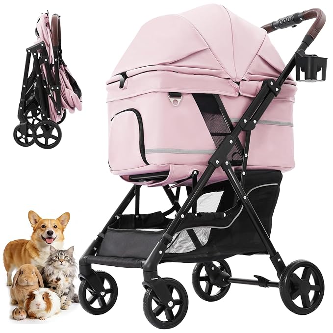 NO-Zip Pet Stroller for Small Dogs & Cats, Lightweight Dog Stroller with Reflective Safety Strips, One-Hand Fold, Claw-Proof Mesh, Breathable Travel Carriage, 33lbs Capacity, Pink