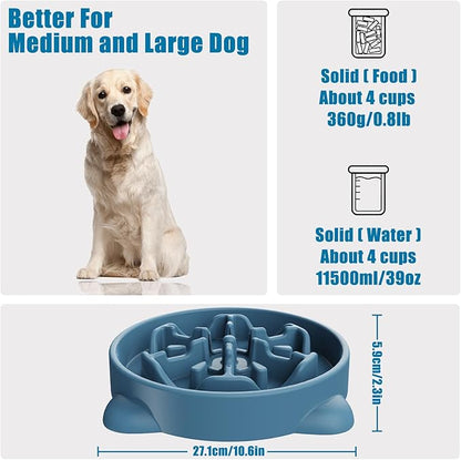 Slow Feeder Dog Bowls Large Breed, Dog Food Bowl Large Anti-Choking Bloat Stop Puzzle Healthy Eating Bowl (Blue, 4 Cup)