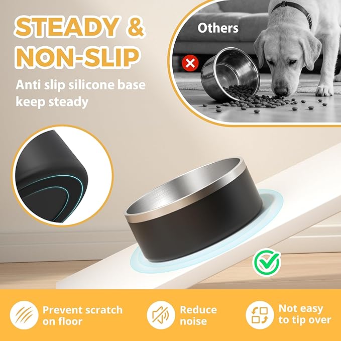 2 Pack Stainless Steel Dog Bowls, Outdoor Dog Water Bowl with Non Slip Rubber Bottom, Dishwasher Safe, Easy to Clean,40oz&64oz Black