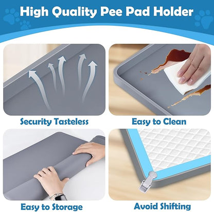 Dog Pee Pad Holder, Dog Potty Tray Silicone Puppy Pad Holder Tray Fits for 27" x 27" Training Pads, Puppy Potty Tray with 4 Clamps No Spill Raised Lip High Edge for Floor Protection (Dark Grey)
